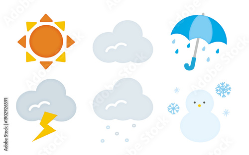 天気マークイラストセット/晴れ・曇り・雨・雷・みぞれ・雪/教育向け素材/Weather mark illustration set
