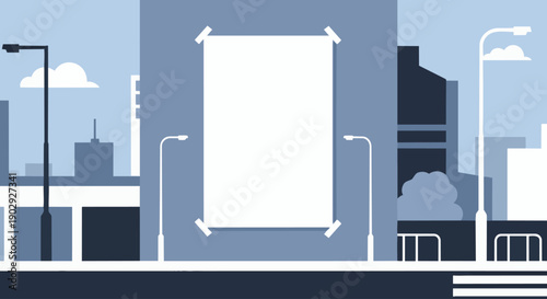 City street billboard poster mockup with urban skyline flat design