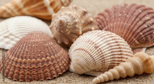 Seashell Symphony: A Close-Up of Textures and Patterns on Sandy Beach
