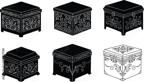 Vintage decorative jewelry box silhouette set, ornate antique chest collection with floral pattern, elegant storage box, black and white vector illustration