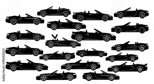 Collection of Black Sports Car Silhouettes on White Background.