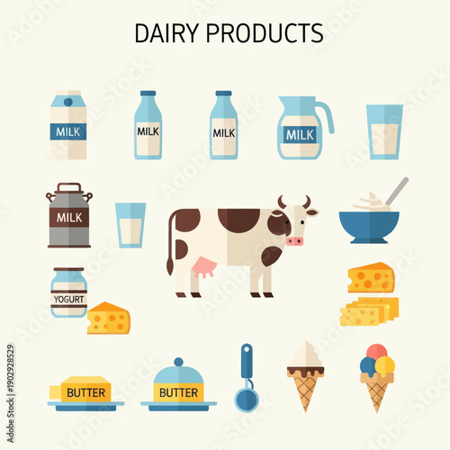 Dairy products and cow illustration collection.