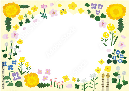 手描きのかわいい春の花のフレーム（横型・黄色枠）