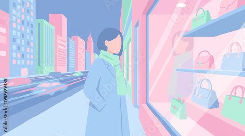 Stylish woman shopping for handbags in a modern city storefront