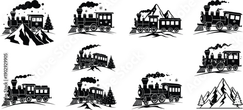 Vintage steam train in snowy mountain landscape, winter travel nostalgia, pine trees, black and white illustration, scenic railway artwork