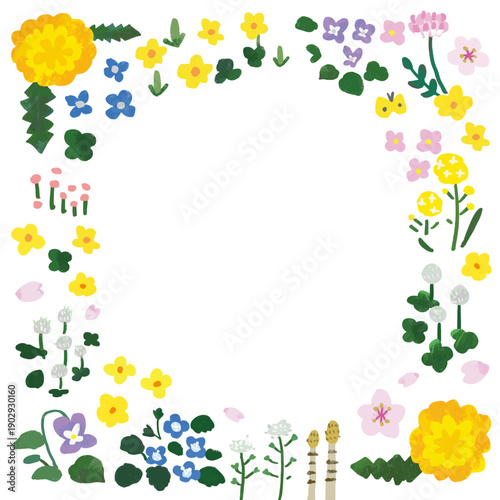 手描きのかわいい春の花のフレーム（正方形・透過）