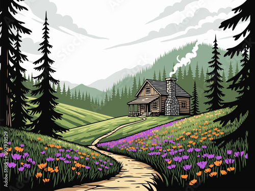 A serene vector illustration of a cottage surrounded by vibrant flowers and trees in a lush landscape