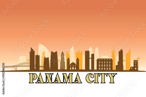 Global city Panama City shown in a detailed vector skyline with a golden hour sky