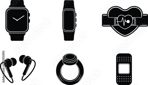 Wearable health tech icons, smartwatch, fitness tracker, heart monitor, smart ring, wireless earbuds, sensor patch, silhouette vector, black design