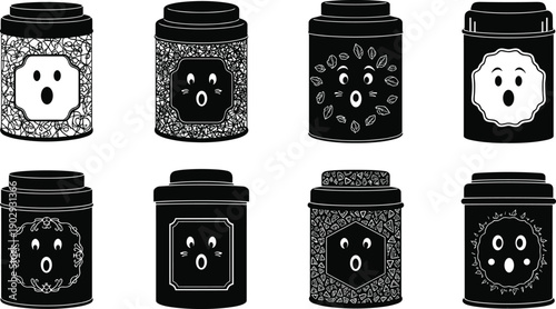 Whimsical decorative containers, expressive faces, floral patterns, mosaic textures, artistic packaging, cute expressions, cylindrical design, playful style, unique home decor