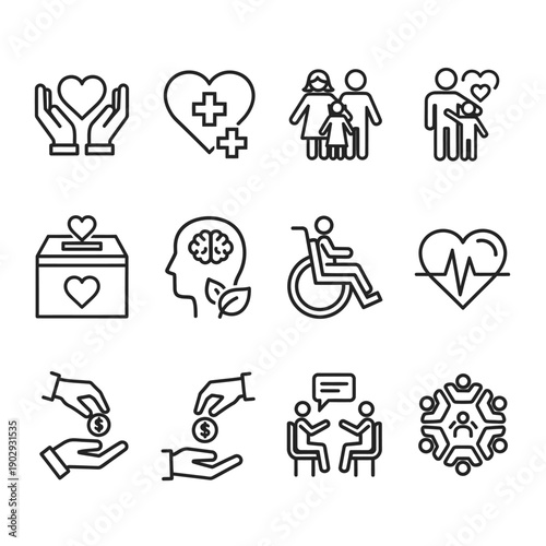 Diverse line art icon set illustrating charity, community support, healthcare, family care, and social responsibility concepts for modern design projects