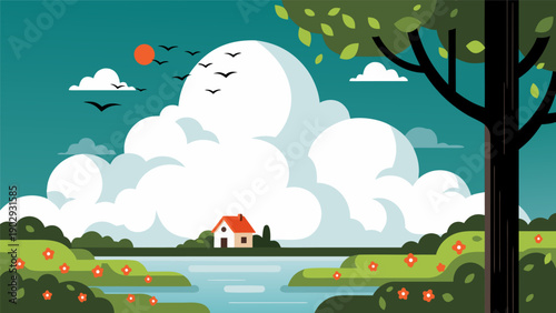 Vector illustration of a serene landscape with house, tree, clouds, lake, and flowers in a vibrant environment from a distant viewpoint like 154.eps