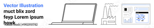 Productivity, technology, data analysis, work environment, digital tools, industrial impact. Minimalist illustration with a laptop, factory icon and data charts. Productivity and technology concept