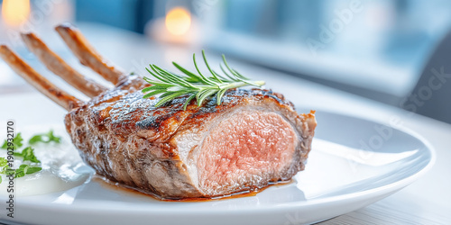 Grilled lamb rack chop with medium rare center and fresh rosemary garnish on plate