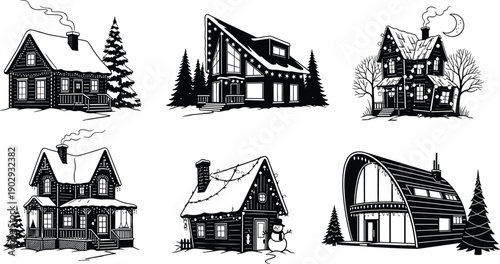 Winter houses illustration, snow-covered roofs, chimney smoke, Christmas lights, evergreen trees, snowman, cozy homes, festive season, black and white drawing