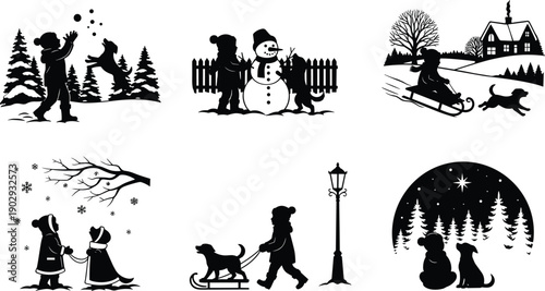 Winter silhouette scenes, people and dogs in snow, sledding, snowman, peaceful night, black and white, seasonal outdoor activity illustration