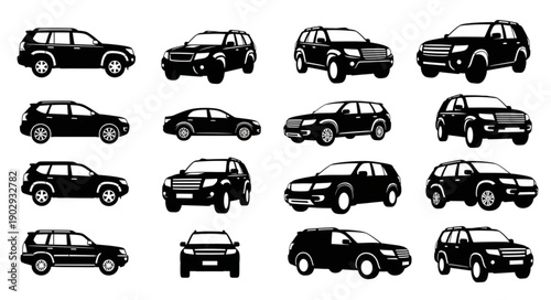 Collection of Black SUV Silhouettes on White Background.