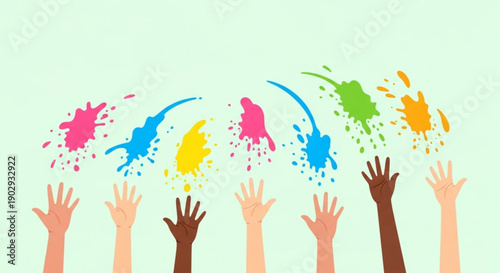 Diverse hands reaching up with colorful paint splatters in the air symbolizing creativity and unity