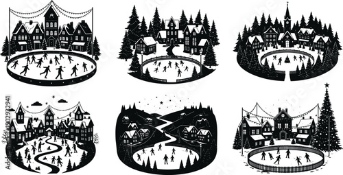 Winter village, ice skating, snow, festive lights, Christmas tree, mountains, church, skaters, holiday scene, seasonal illustration, cold weather, celebration