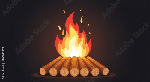 Vibrant campfire burns brightly with yellow and orange flames on stacked logs against a dark background