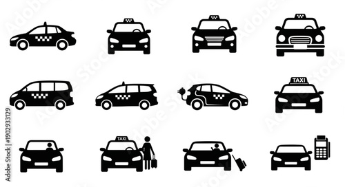 Collection of black taxi car icons and symbols.