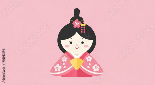 Cute cartoon japanese girl in traditional pink kimono with white flowers and pink background