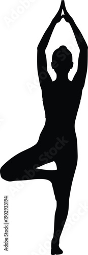 Black silhouette of a slender woman practicing yoga tree pose with hands raised overhead in prayer position isolated on a clean white background for wellness.