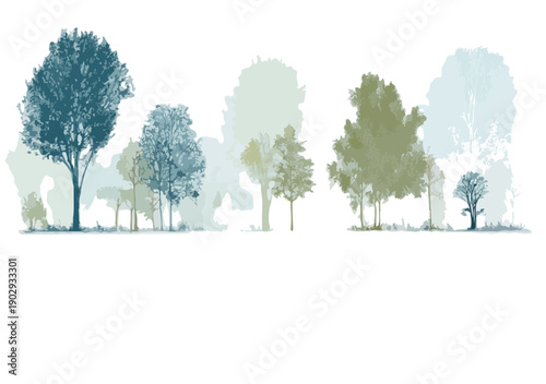 白い背景に透明感あふれる水彩画タッチで描かれた様々な木々のシルエットが並び、軽やかで美しい自然の風景を表現した、環境や成長を象徴するイラストレーション。