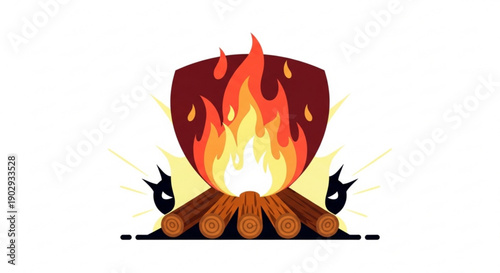 Vibrant campfire with flames and logs on a plain background for outdoor and nature concepts