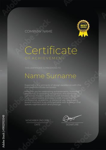 Certificate of Achievement Template with Gold Ribbon and Key Icon.
