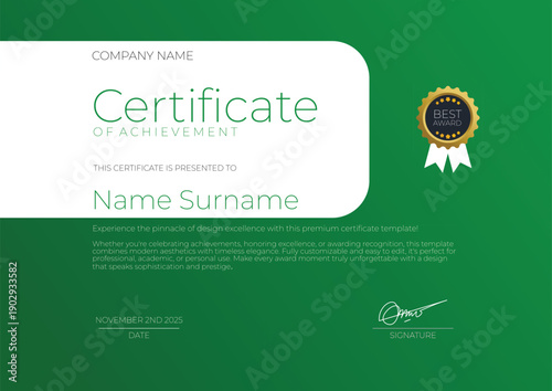 Certificate of Achievement Template with Green Background and Gold Seal.