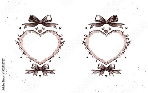 繊細な手描き風のハート型フレームとリボン装飾が特徴の、透明背景に配置された優雅でロマンチックなイラスト素材は、デザインのアクセントに最適です。