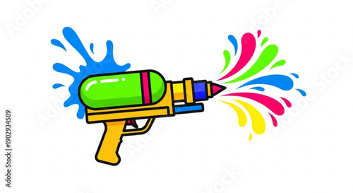 Colorful water gun shooting vibrant paint splatters in multiple hues on white background for fun and playful designs