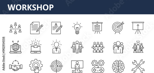 Workshop icons set, teamwork, training, idea, strategy, presentation, goal, leadership, collaboration, innovation, black line, vector illustration