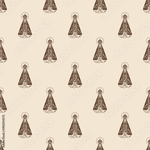 Seamless repeating pattern of Our Lady Aparecida in warm beige and brown tones. Traditional Catholic devotional background perfect for textiles, wallpaper, stationery, packaging, religious gifts and c