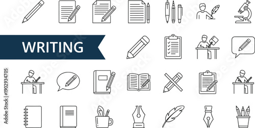 Writing icons, pencil, pen, notebook, paper, author, desk, quill, ink, research, communication, literature, education, document, draft, creativity, idea, speech bubble