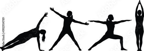 Yoga and fitness silhouette sequence of woman performing stretching and balance poses, illustrating wellness, flexibility, strength training, mindfulness, healthy lifestyle