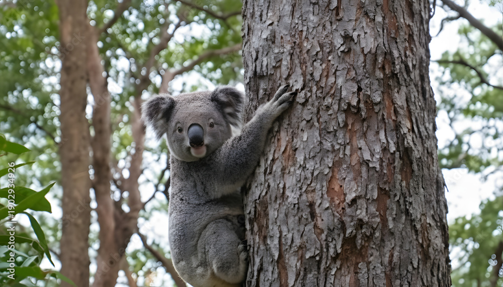 Fototapeta premium Wild Australian Koala Climbing Eucalyptus Tree Trunk In Forest