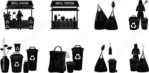 Zero waste lifestyle black silhouette vector, eco-friendly refill station, recycling, reusable bag, sustainability, and environmental awareness design illustration