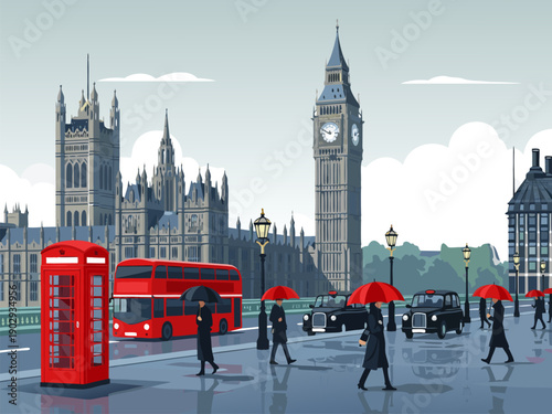 London street scene vector illustration featuring iconic red phone booth, double-decker bus, Big Ben and black cabs in rain