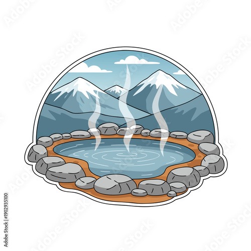 Scenic vector illustration of a natural hot spring with steaming water and snowy mountains in the background