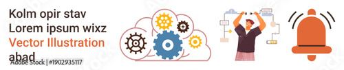 Automation, workflow management, digital notifications, productivity, teamwork, operations. Gears, a person with wires and a notification bell. Automation and workflow management