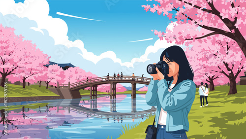 Beautiful vector illustration of a woman taking a photo of a scenic Japanese landscape with cherry blossoms and a bridge