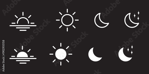 Time of the day icons showing morning sunrise, bright noon sun, evening sunset, and night moon with stars representing daily cycle, weather, astronomy, calendar, and environment concept 