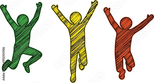 Colorful jumping people vector illustration, joyful celebration silhouettes with hatch lines, energetic happiness design, dynamic expressive art concept pattern