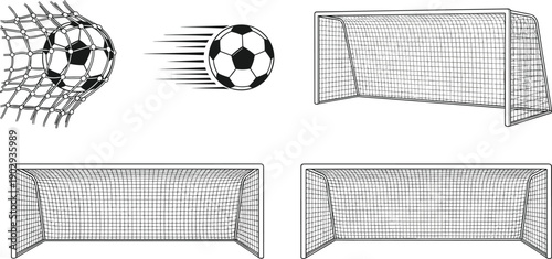 Collection of Soccer Goal Net Silhouette Vector Icons with Football Ball Flying and Hitting the Net for Sports Competition Training and Goal Scoring Design