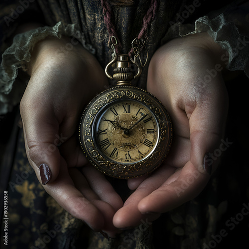 Timekeeper’s touch vintage pocket watch hidden in hands antique setting detailed close-up nostalgic concept