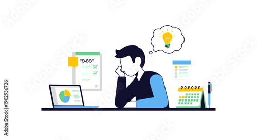 Frustrated person sitting at desk with laptop and calendar feeling overwhelmed by tasks needing creative idea generation