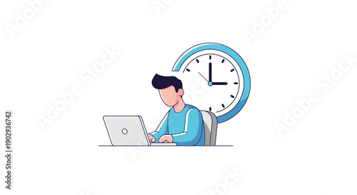 Young Man Working Remotely on Laptop Computer with Large Wall Clock in Background Demonstrating Time Management Concept