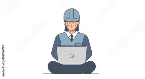 Female engineer sitting cross legged with laptop on white background wearing hard hat and work uniform ready for construction project planning